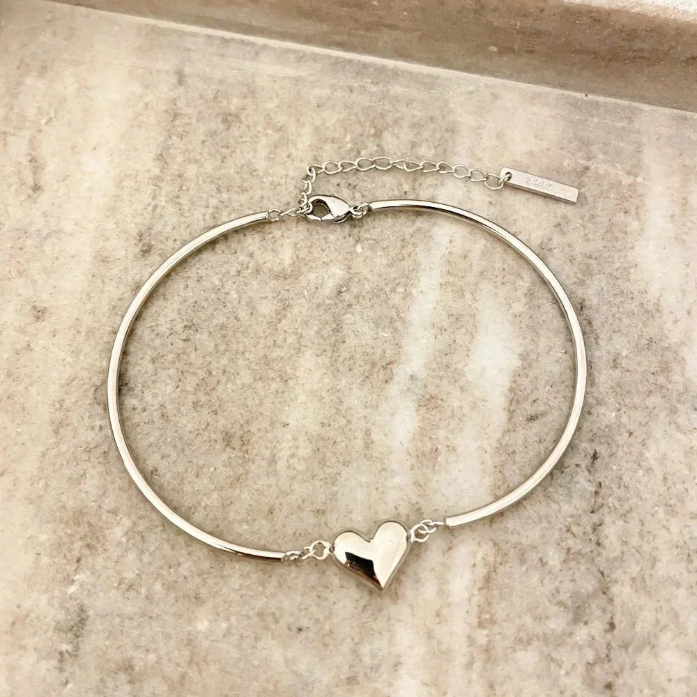 925 Sterling Silver Heart Cuff Bracelet Heart Pendant Bangle Bracelet - Picture 5 of 7